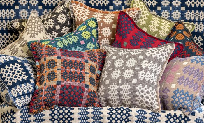 Welsh tapestry cushion covers made up from bedspreads woven at Trefriw Woollen Mills